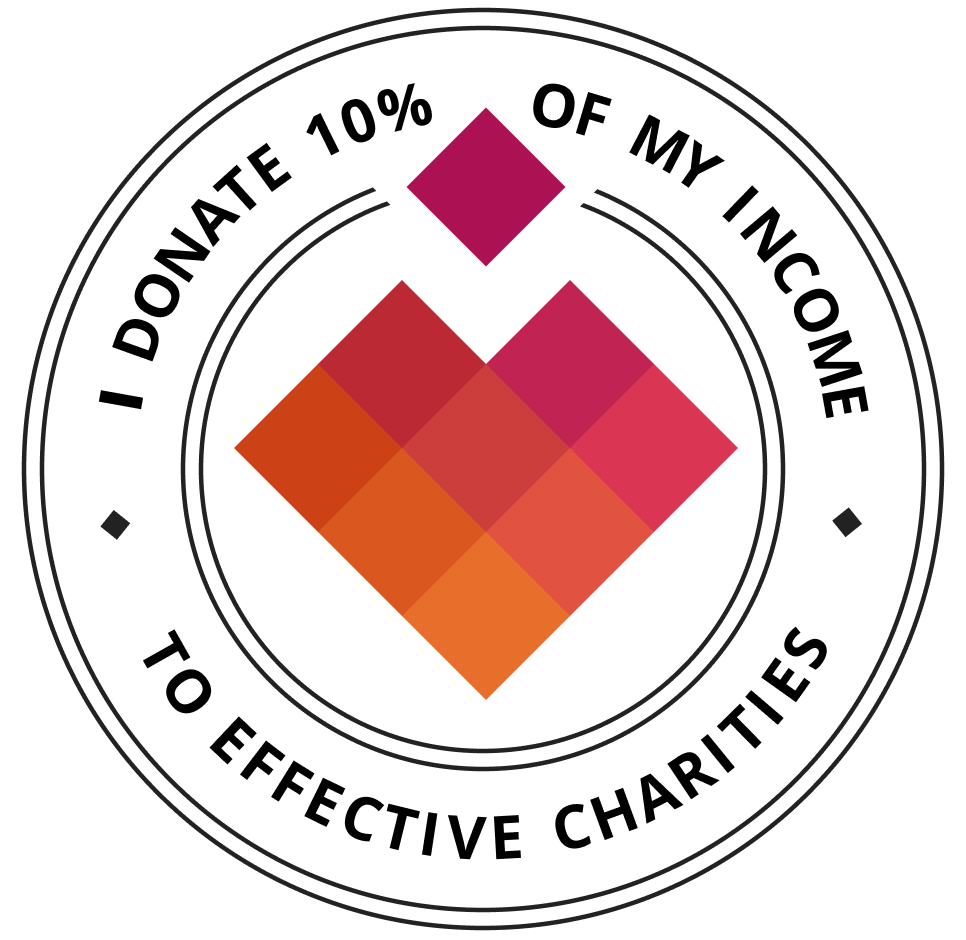 A badge from the organization Giving What We Can with the text 'I donate 10% of my income to effective charities'